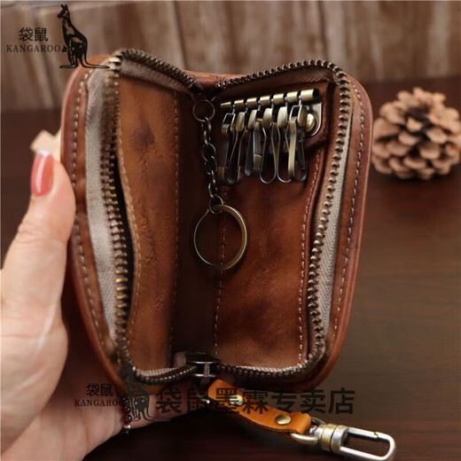 Känguru Retro echtes Leder-Kuhläden-Schlüsselbeutel Wechselkartentasche Taille Hanging Multifunktion Aufbewahrungstasche Männer und Frauen Großkapazität Coupon Brieftasche Brown braun