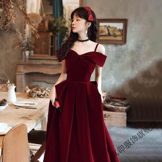 Zhenji wine red toast dress 2025 autumn and winter new bridal temperament suspender velvet engagement dress female wedding dress wine red L