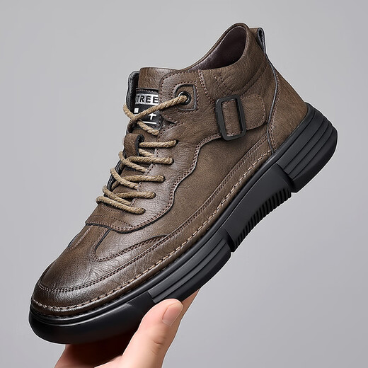 2025 Autumn New Men's Business Casual Leather Shoes Men's High-Top Shoes Plus Velvet Warm Cotton Shoes Lace-up Shoes Single Shoes Brown 43