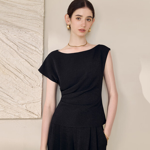 ROEYSHOUSE high-end texture shirt for women 2025 summer design waist slim body 11973 black M