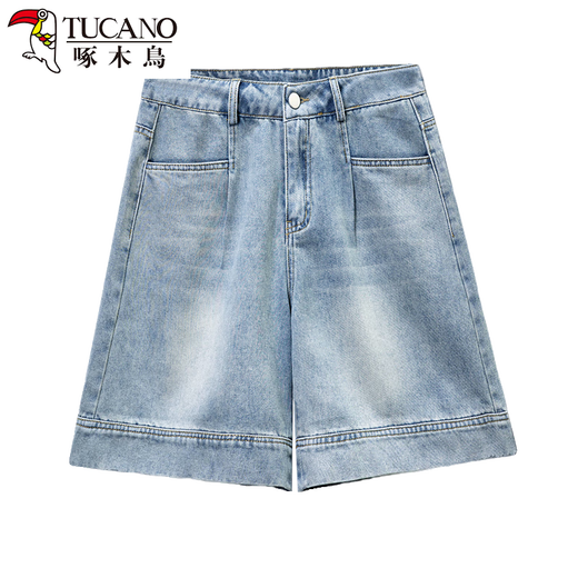 Woodpecker American Forts de mezclilla de cinco puntos para mujeres 2025 Summer Nuevo Pantalones de longitud de longitud anchas delgadas y versátiles de cinturón de cintura.