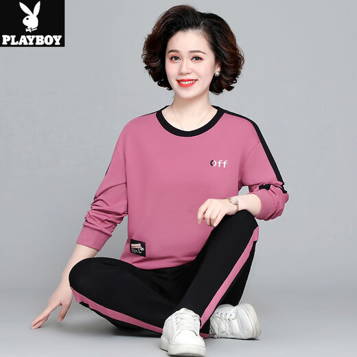 花花公子妈妈秋装长袖卫衣套装大码2025新款中老年妈妈装休闲运动两件套 SYNS-6636 豆沙粉【两件套】 XL【建议105-115斤】