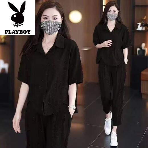 花花公子（PLAYBOY）时尚休闲套装女2025夏季新款遮肉显瘦减龄洋气细闪衬衫裤子两件套 【咖色套装】-旗舰款 M _建议80-100斤
