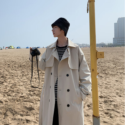 NYING double-breasted windbreaker jacket for men in spring and autumn new fashion brand Korean style large size loose mid-length over-the-knee coat black XL (130-150Jin Jin equals 0.5kg)