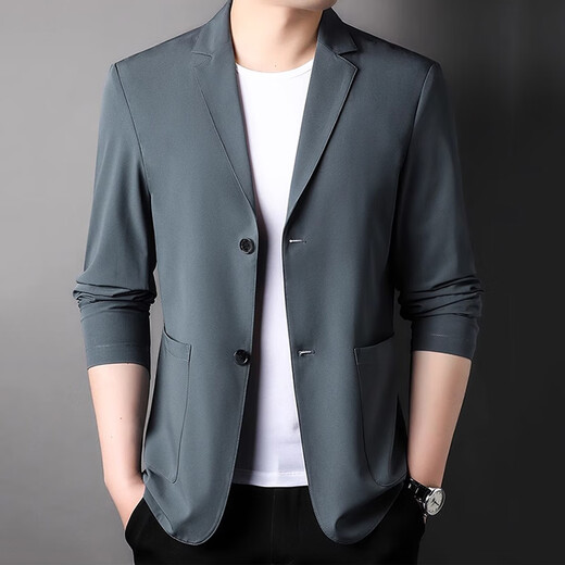 EQJ高档品牌冰丝夏季男士西服薄款舒适透气简约休闲时尚小西装轻薄 灰绿 L (175)