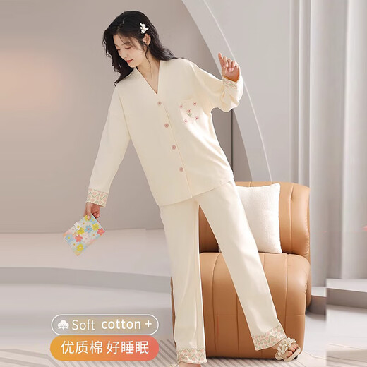 Catman (Miiow) Pajamas para mujeres, algodón puro de mujeres, mangas largas antibacterianas, pantalones, se pueden usar con almohadillas en el pecho, juego de ropa para el hogar de otoño e invierno, flor clásica pequeña [7a antibacteriano + 100% puro de algodón] [sugerir peso 120-140 Jin [Jin equivale a 0.5 kg]]]]