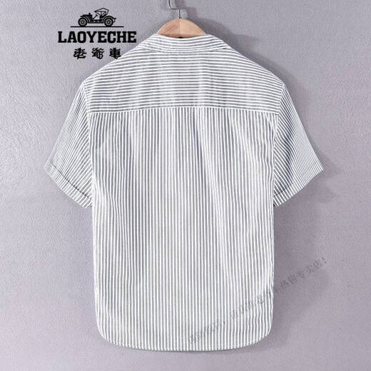 老爷车（LAOYECHE）条纹衬衫男士五分袖薄款日系复古纯棉免烫韩版休闲半袖贴标衬衣 9721白色 M 适合体重110-125斤