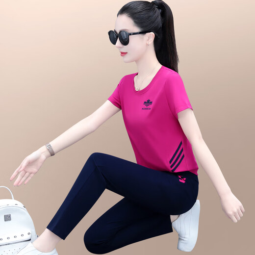 欧宇杉运动套装女夏季薄款2025新款时尚宽松圆领短袖长裤休闲两件套 6630款白色 2XL适合120-129斤