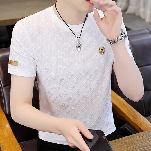SEPTWOLVES short-sleeved T-shirt for men's summer ice silk round neck half sleeve fashion brand trendy Korean style body shirt 963 white 2XL about 135-150 Jin [Jin equals 0.5 kg] can be worn