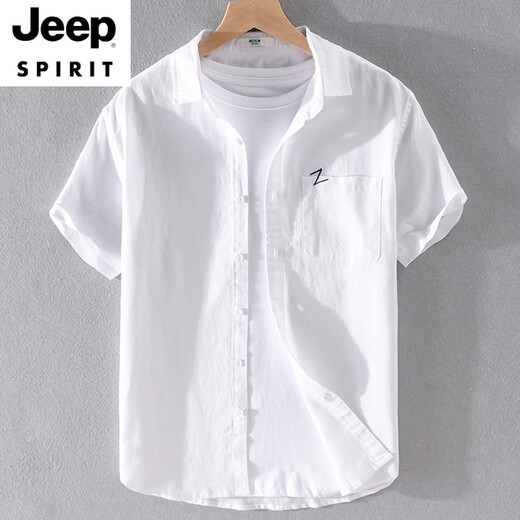 JEEP SPIRIT男士亚麻翻领短袖t恤宽松衬衫领上衣服有带领T棉麻料体恤麻布夏装 yunyi-9711白色 2XL 155斤左右