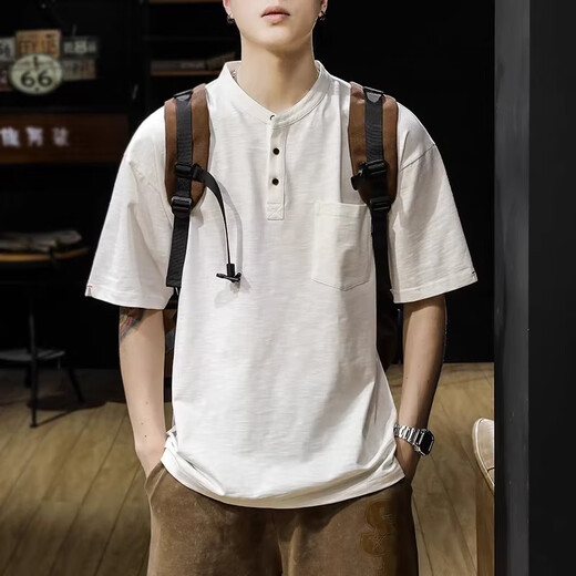 Kazuki Kuraishi Kuraishi Polo blanc tendance à manches courtes masculines NOUVEAU AMÉRICAIN RETRO HENRY COLLAR T-shirt Top White XL
