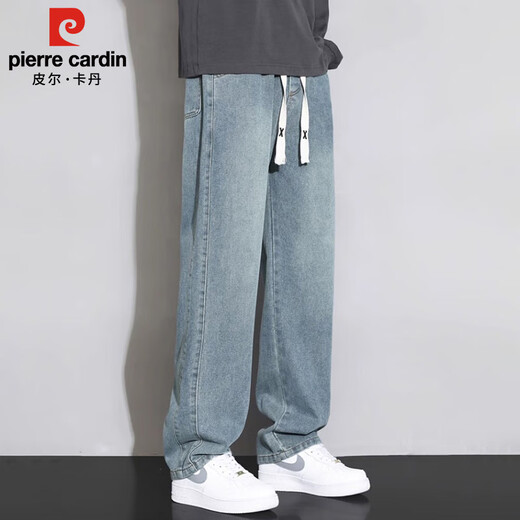 Pierre Cardin Straight Jeans Men's Autumn and Winter Loose Casual Pants Men's Wide-Leg Elastic Waist Pants Men's Retro Blue XL