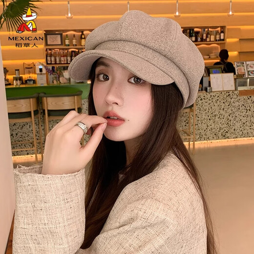 Scarecrow Hat Women's Autumn and Winter New Octagonal Hat Korean Version Versatile Simple Solid Color Japanese Fashion Trendy Peaked Hat Black 76696 One Size