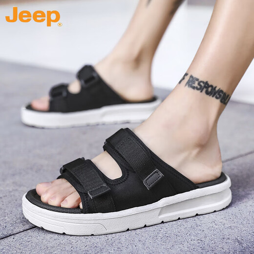 吉普（JEEP）拖鞋男2024新款魔术贴夏季外穿潮流一字拖男款防滑青少年沙滩凉鞋 黑色 42