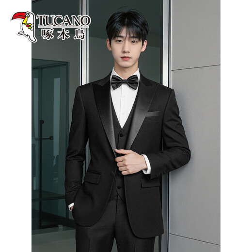 Woodpecker Tuxedo Evening Dress Wedding Groom Slim Suit Suit Wedding High-Level Host Men's Formal Wear Peaked Collar - Black Two-piece Set XL 120-139Jin Jin is equal to 0.5 kg