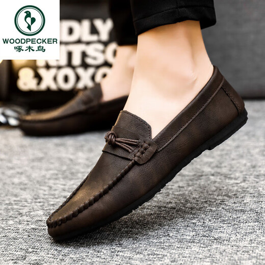 Woodpecker Herren Beans Schuhe koreanische Businessarbeit lässige Lederschuhe atmungsaktives vielseitiges Nicht-Schlupf-Ein-Schritt-Männerschuhe 2025 Sommer D826 Black 39