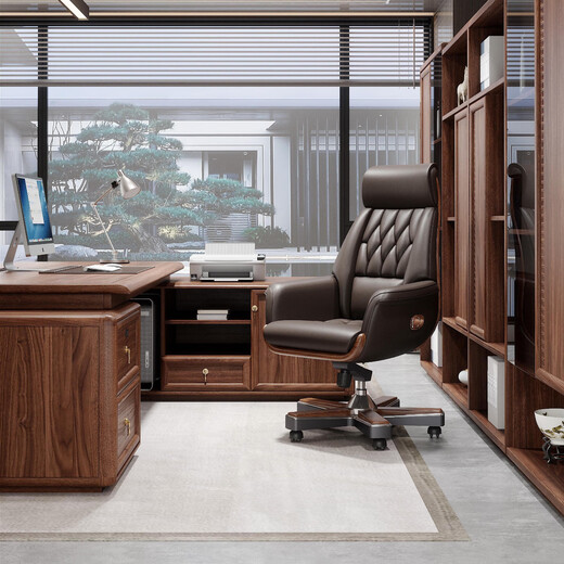 New Chinese style office desk solid wood boss table ebony wood executive desk modern light luxury general manager room decorative cabinet combination 2.2 meters boss table Gabon ebony wood