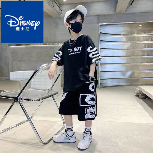 迪士尼（Disney）男童套装2025夏季新款网红套装一整套儿童t恤中大童男孩两件套潮 黑色短袖[SO套装]#687 110 适合身高100左右
