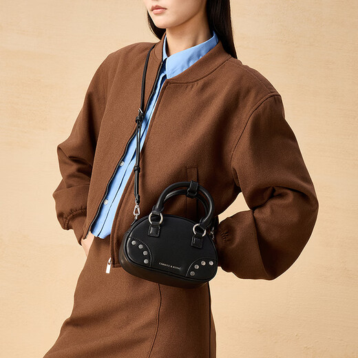 CHARLES/KEITH25 autumn new product fashion rivet hand-held bowling bag crossbody bag Chinese Valentine's gift CK2-30782707 Noir black S