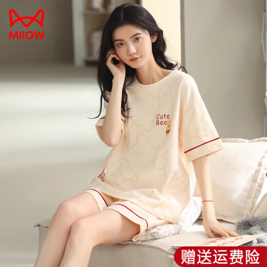 猫人（MiiOW）睡衣女款夏季纯棉短袖短裤甜美薄款全休闲学生家居服套装 YX7512 9856 M 【 建议80-100斤穿】