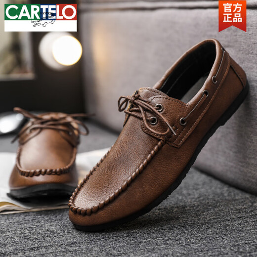 CARTELO round toe shoes casual men's sporting Lef Bean Doodle leather shoes with one foot British flat sole lightweight breathable formal wear D882 brown 42