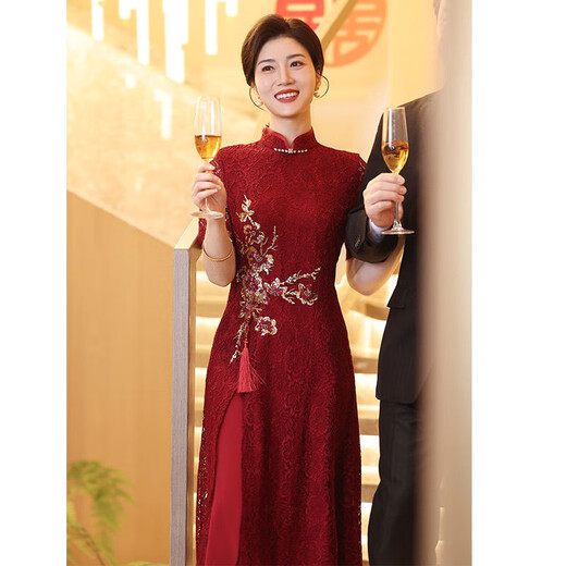 恒源祥喜婆婆婚宴装女夏2025新款婚礼妈妈礼服旗袍裙收腰显瘦开叉蕾丝裙 酒红色 4XL 【建议125-140斤