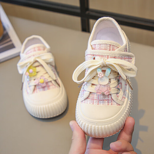 Girls canvas shoes 2025 spring and summer new breathable children's soft sole sneakers girls fashion board shoes KHR-703 pink grid 36