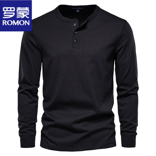 ROMON Henley shirt men's autumn heavyweight t-shirt pure cotton long-sleeved Henley collar high-end men's business bottoming shirt slim top black M weight 125-145Jin Jin equals 0.5 kg