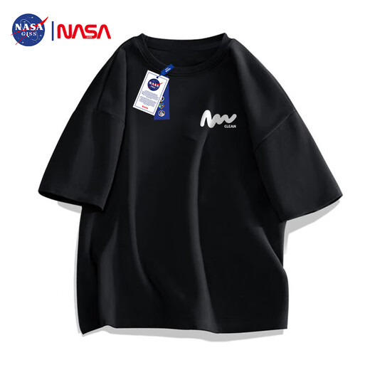 NASA GISS official trendy brand co-branded t-shirt men's summer loose casual round neck versatile printed three-quarter short-sleeved black 4XL