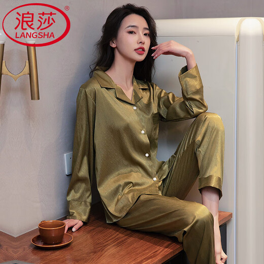 浪莎（LangSha）轻奢睡衣女春秋款开春高端冰丝感人字纹洋气长袖长裤真家居服 6623白色 M