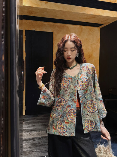 
Sanji Black Flower [Enamel Color] Human Silk Slanted Gold Silk Printed Jacket Dunhuang Color S