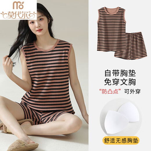 莫代尔（Madallo）带胸垫背心睡衣女夏季纯棉薄款夏天无袖家居服套装可外穿宽松大码 带胸垫背心套/装-F9856 M 女 建议80-100斤