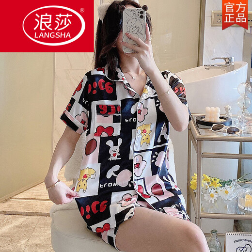 浪莎（LangSha）2025两件套睡衣女夏冰丝短袖薄款印花开衫凉感显瘦学生甜美家居服 693-双短-熊头 M