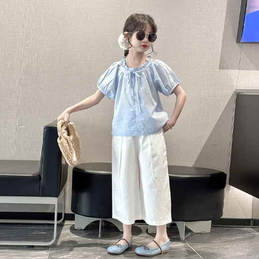 MOKITOUL女童夏套装2025新款女大童夏季洋气衬衫女孩七分裤夏装短袖娃娃衫 米色裤子（高端礼盒包装） 40 cm2 1