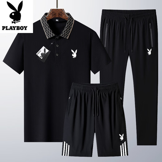 Playboy (Playboy) Sommer New Herren Ice Silk Business Casual Polo Shirt mittleren Alters und junger kurzärmeliger T-Shirt-Anzug Schnelltrocknend dreiteils Set 6629-Dark Blue [kurze Ärmel + Shorts] M Wear 90-105 Jin [Jin Equals Gym ton 0,5 kg]