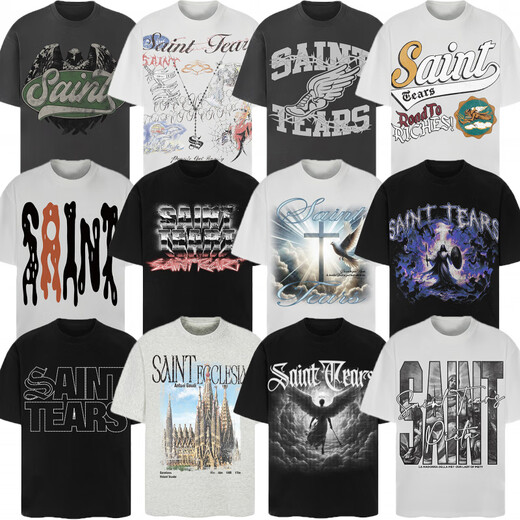 HUALIN FASHIONSaintMichael Retro American Loose Couple Short Sleeve T-shirt Summer Cotton Men and Women 1048 Black M