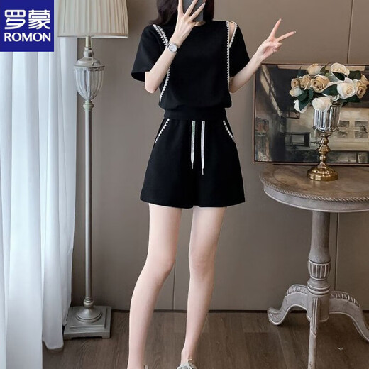 Romon (Romon) modische Sport-Kurzärärmel-Tops für Frauen außerhalb der Schulter für Frauen im Sommer Casual Zweiköpfige modische Fleischabdeckungs Shorts Black [Set] M Empfohlen 80-100 Jin [Jin entspricht 0,5 kg]