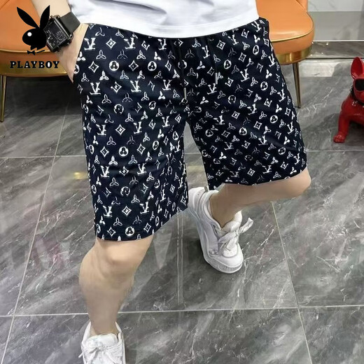 Playboy (PLAYBOY) Men's Shorts Versatile Fashion Brand Summer Five-Fifth Pants Printed Loose Trendy Beach Pants Thin New Casual Pants Clover Dark Blue Shorts L 100-120Jin [Jin is equal to 0.5 kg]