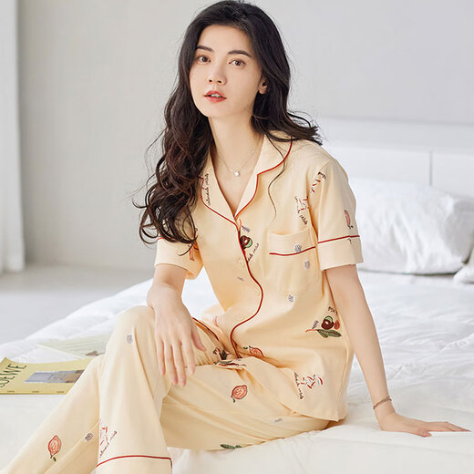 雅鹿2025新款睡衣女款夏季薄款棉短袖长裤开衫家居服棉套装 Y9718  不起球 L 建议100-120斤穿