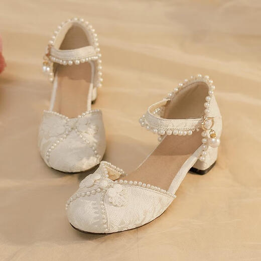 Chaomengcheng Hanfu Shoes Girls Chinese Style Sandals Summer Matching Skirt Horse Noodles Matching High Heels New Antique Children's Leather Shoes Beige Matches Hanfu Huge Good-looking Size 43