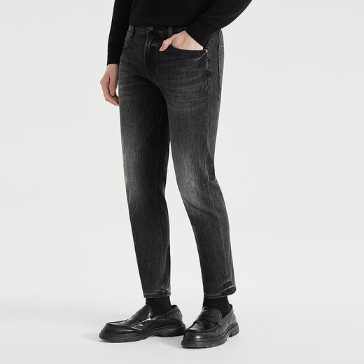 Lilang four-sided elastic jeans men's low waist narrow feet nine-point pants autumn 2025 new elastic men's pants black (24QNZ13701) 33 (175/84A)