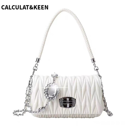 CALCULAT/KEEN Bag Women's 2025 New Fashionable and Versatile Soft Leather Fairy Bag Rhinestone Chain Bag Shoulder Crossbody Handle Wrinkle Bag White