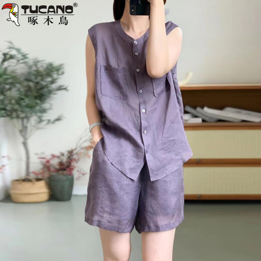 啄木鸟（TUCANO）时尚小资背心纯色马甲套装女2025夏天减龄气质上衣短裤两件套 紫色【面料】 M 建议80-100斤