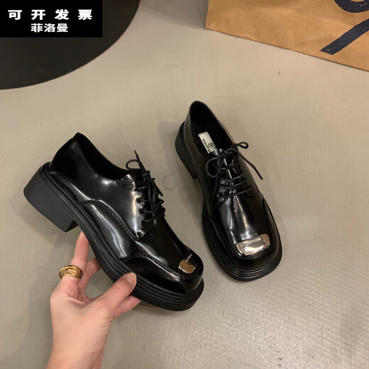 菲洛曼猪腰子鞋女洛丽塔平头小皮鞋春秋季厚底穆勒 黑色RM692-1 36