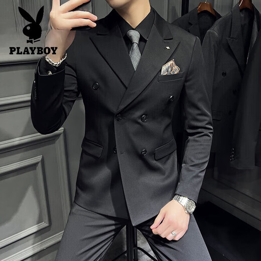 Playboy (PLAYBOY) high-end double-breasted suit men's suit business casual formal British style groom wedding dress three-piece set medium gray (suit + vest + trousers) XL 52
