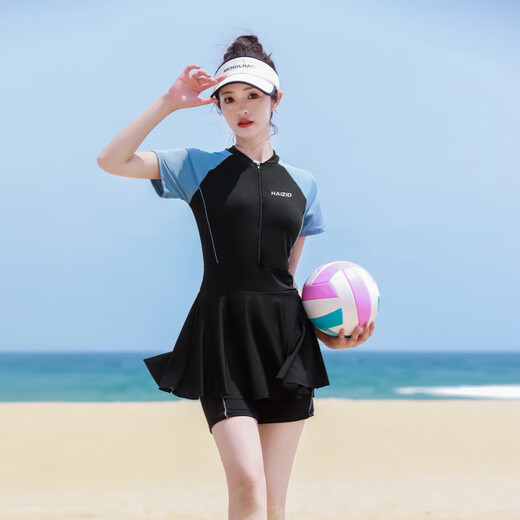 Hot spring swimsuit women's high-end color blocking sports swimsuit body dress style flesh covering to make it look slimming conservative swimsuit wholesale 6187 black gray M L-suggested 155-164c