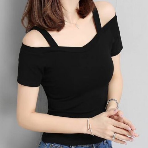 浮夏女士短袖高档女时尚一点t恤夏季黑色露肩吊带T恤一字领性感上衣潮 9923*白色 M