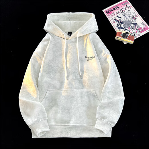 VUUG American retro tie-dye autumn and winter casual loose couple heavyweight men's hooded sweatshirt for men white XL