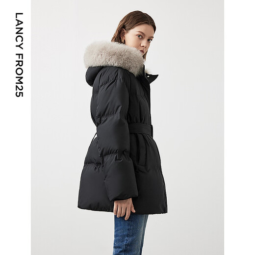 朗姿霍尔多巴吉白鹅绒可拆卸狐狸毛领加厚羽绒服外套冬季新款 黑色 M
