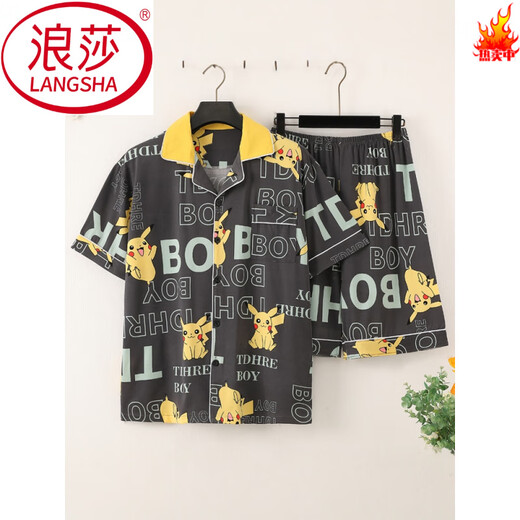 浪莎（LangSha）夏季短袖薄款纯棉睡衣男家居服套装夏天卡通印花韩版男士帅气青年 3271短.袖套装 M (70-100斤)